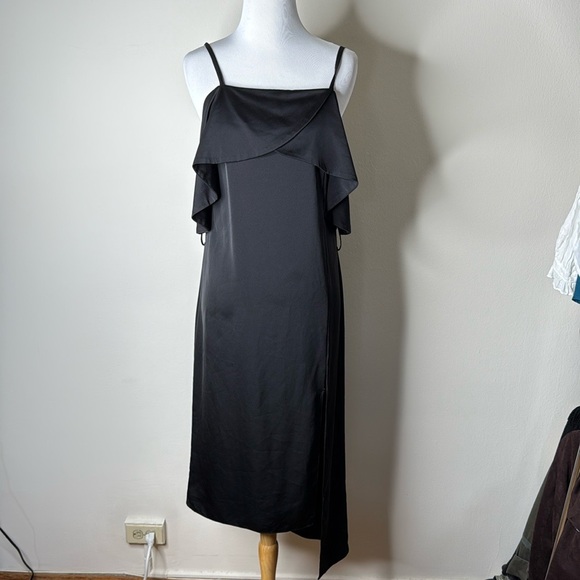 Ava Black Satin Ruffle Front Asymmetrical Dress - Picture 1 of 6